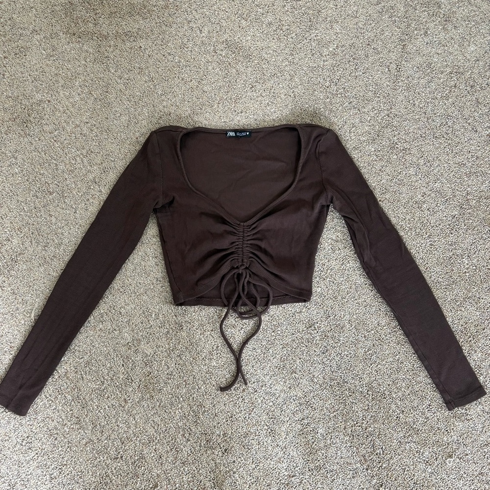 Zara Brown Ruched Cropped Long Sleeve with Tie Front